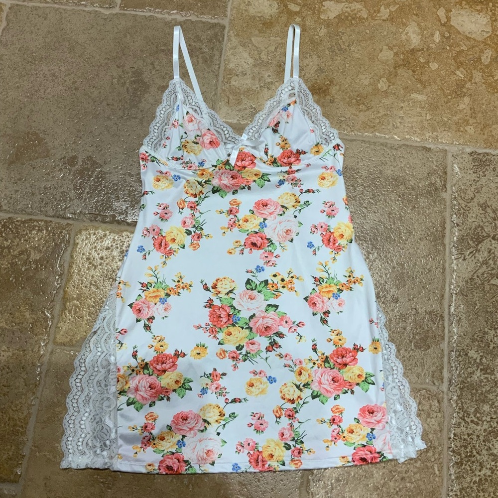 White and Pink Lace Trim Chemise with Floral Design